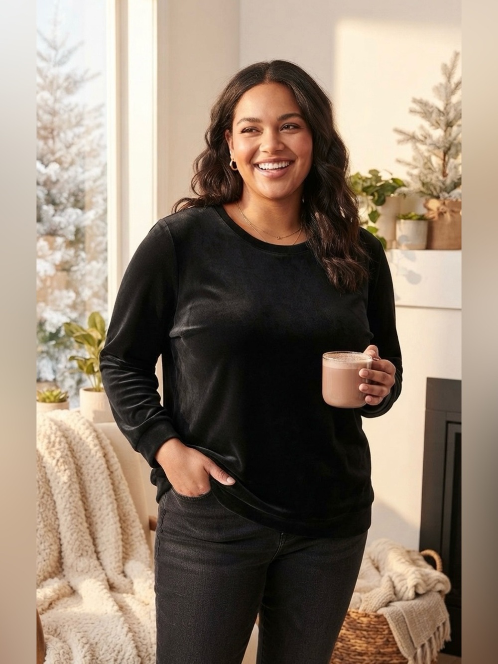 SIZE 1X Denim&Co.® NEW Women's Long Sleeve Black Velour Top Cotton Blend